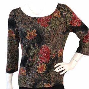 Vintage 90s Metallic Floral Brocade Textured Top Black Red Gold Size M 🔥
